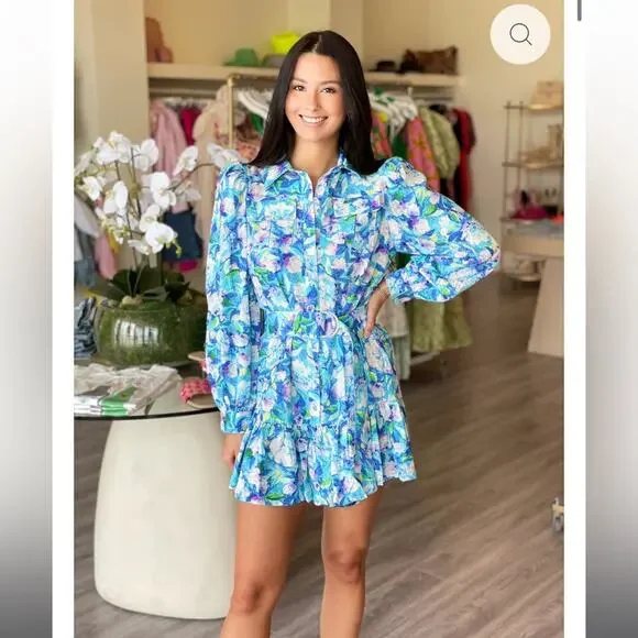 elliatt primrose blue floral print long sleeve belted mini fall dress size small